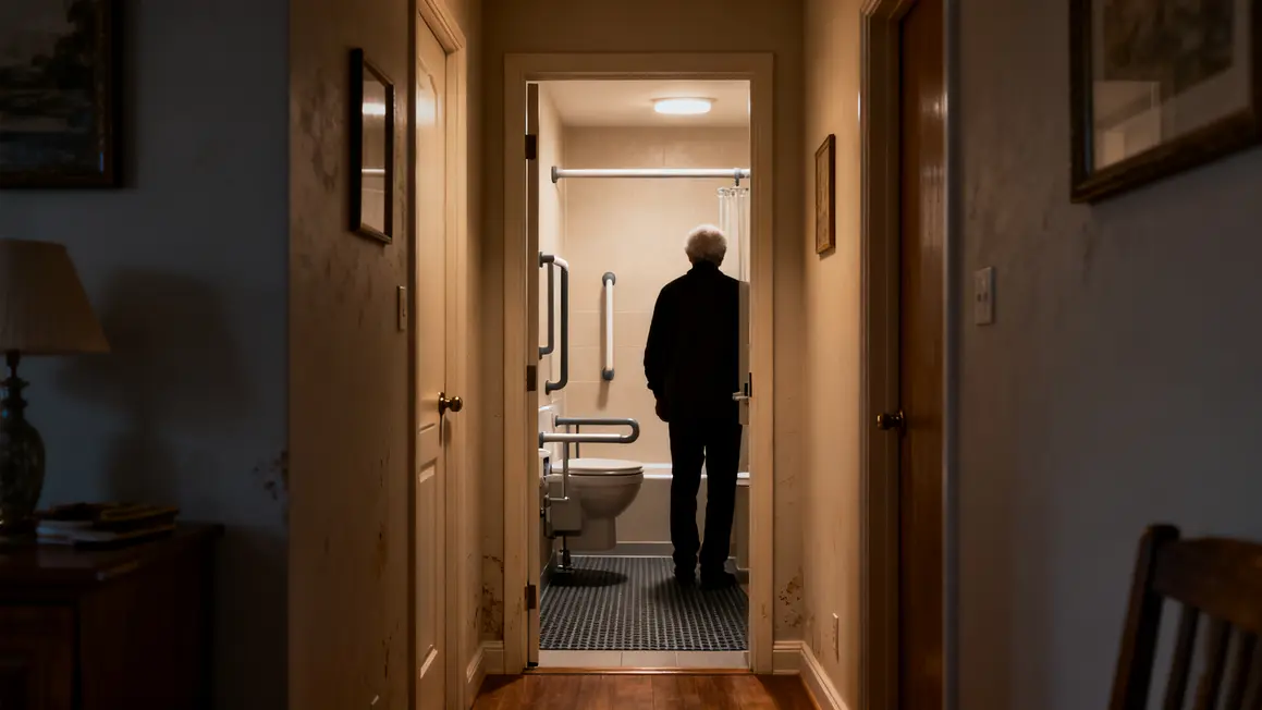 Salle de bain senior avec barres d appui et lumiere douce