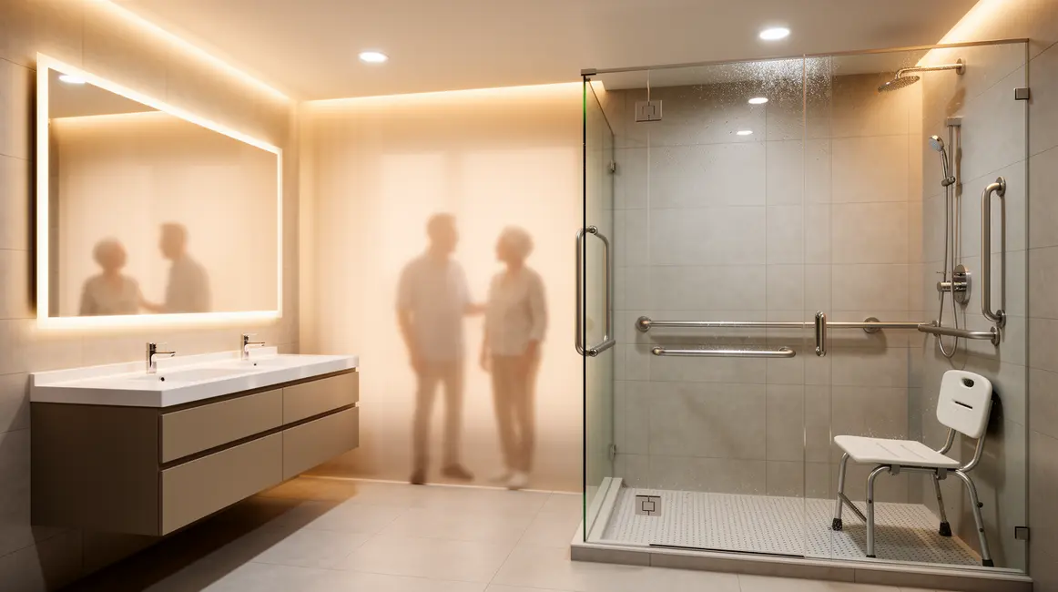 Salle de bains senior moderne avec barres d'appui et ambiance chaleureuse