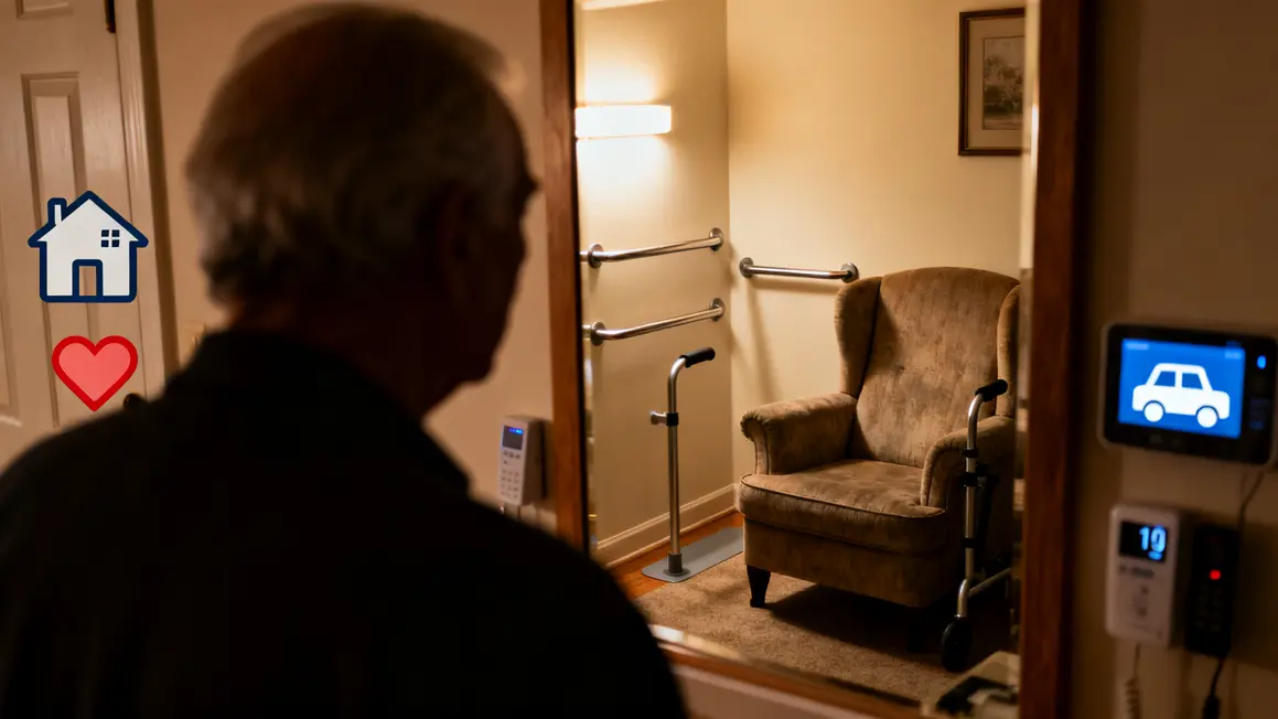 logement senior réflexion dans salon adapté avec pictogrammes