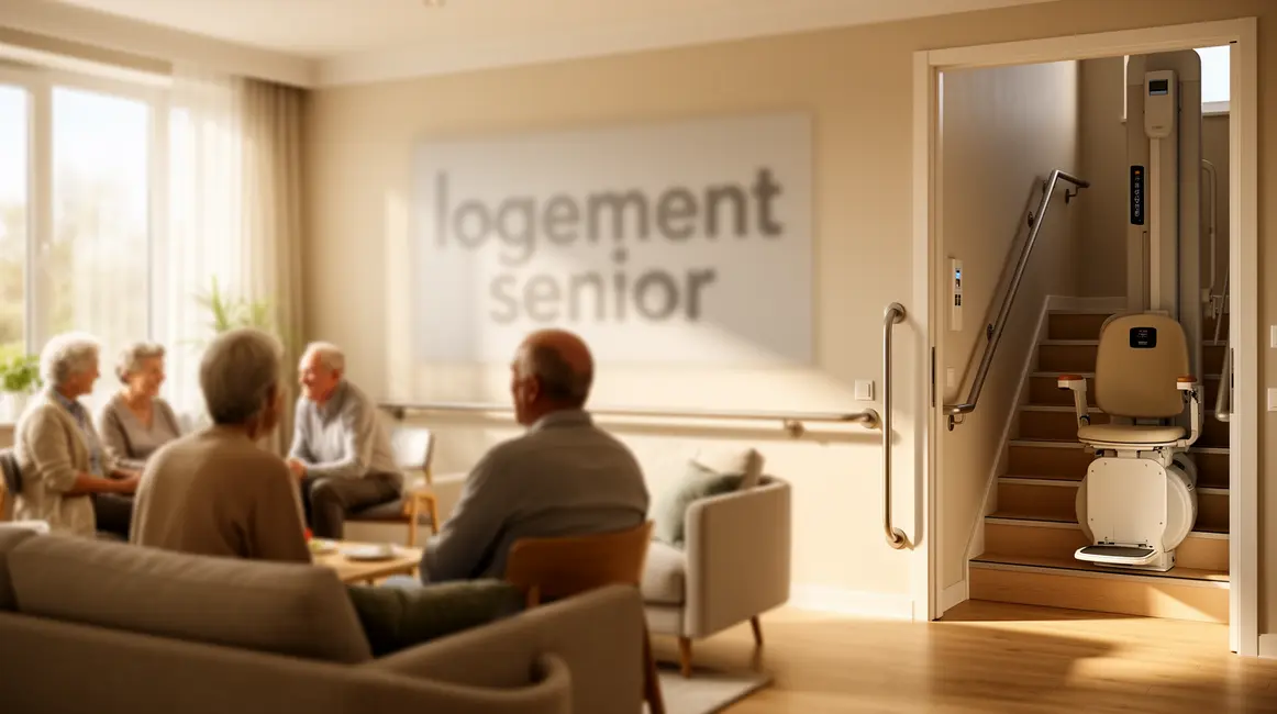 Salon moderne avec seniors et equipements adaptes