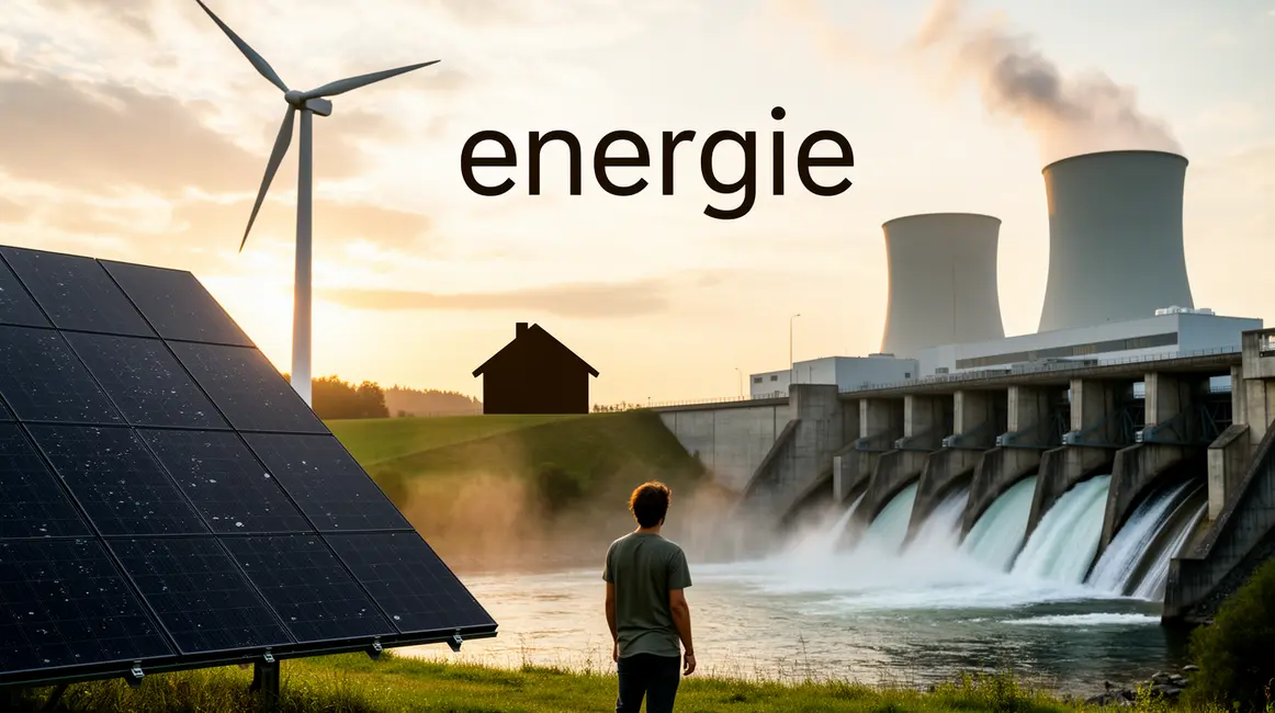 Illustration mix énergétique : panneaux solaires, éolienne, barrage, nucléaire et maison