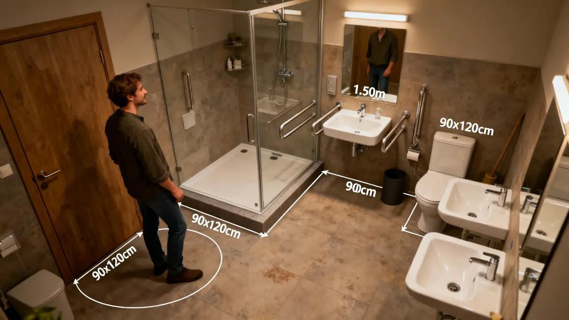 Salle de bains PMR avec espace de giration, douche 90x120, barres d'appui