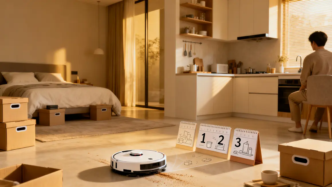 chambre et cuisine adaptées senior, aspirateur robot et rangements pratiques