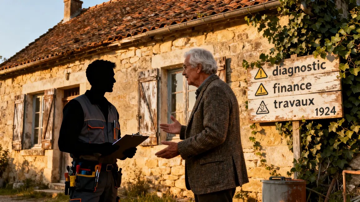 Technicien et senior devant maison ancienne Pact Arim diagnostic finance travaux