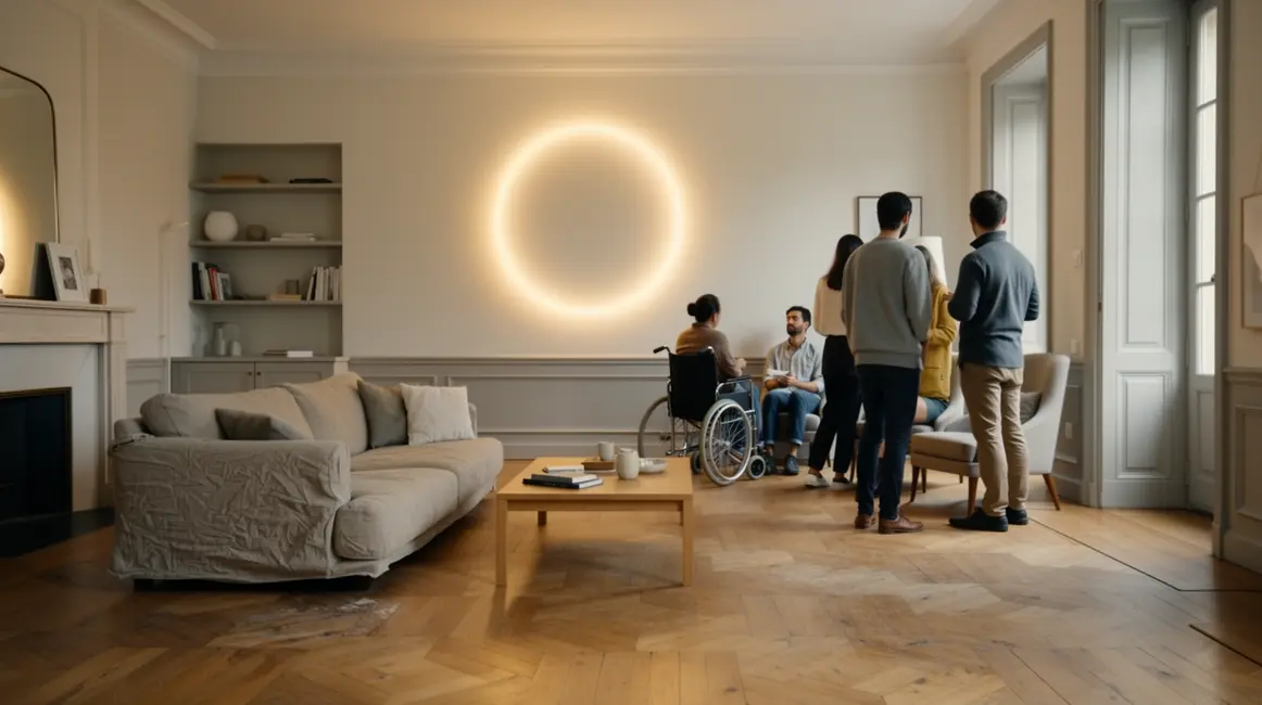 Salon rénové moderne avec Pact Arim, personnages discutant, cercle lumineux