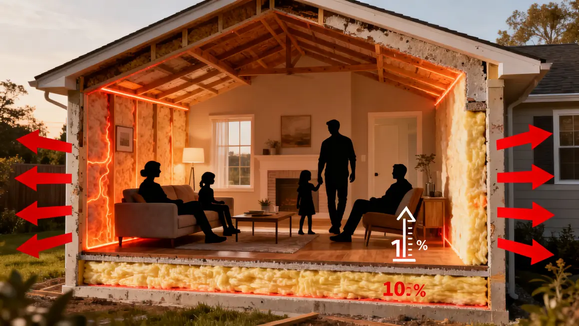 Coupe logement perte chaleur murs, isolant visible, famille confort