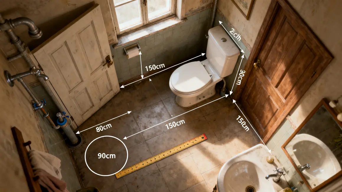 Plan salle de bains vue du dessus, dimensions, zones libres, portes, fenêtres