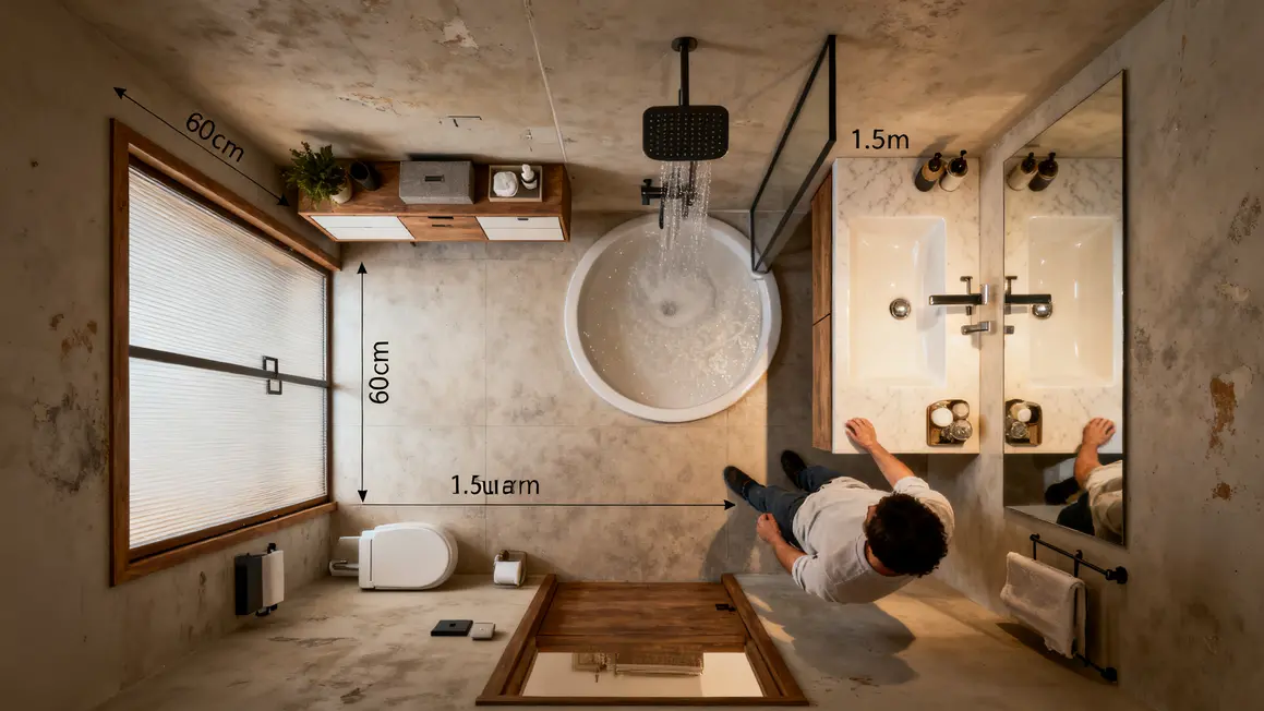 Plan salle de bains PMR vue de dessus dimensions porte cercle giration