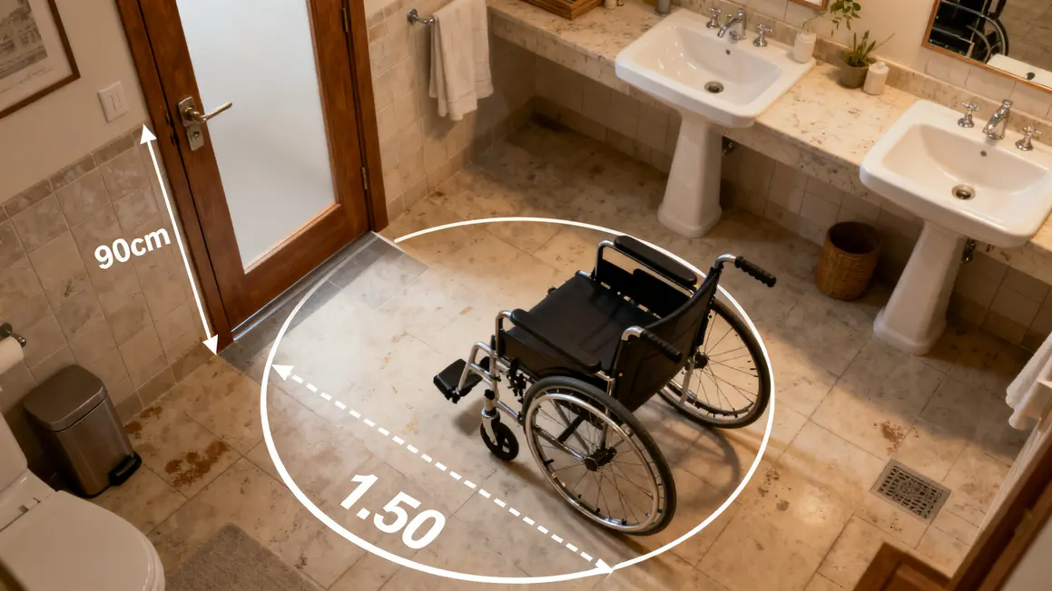 plan technique salle de bains adaptée avec fauteuil roulant PMR