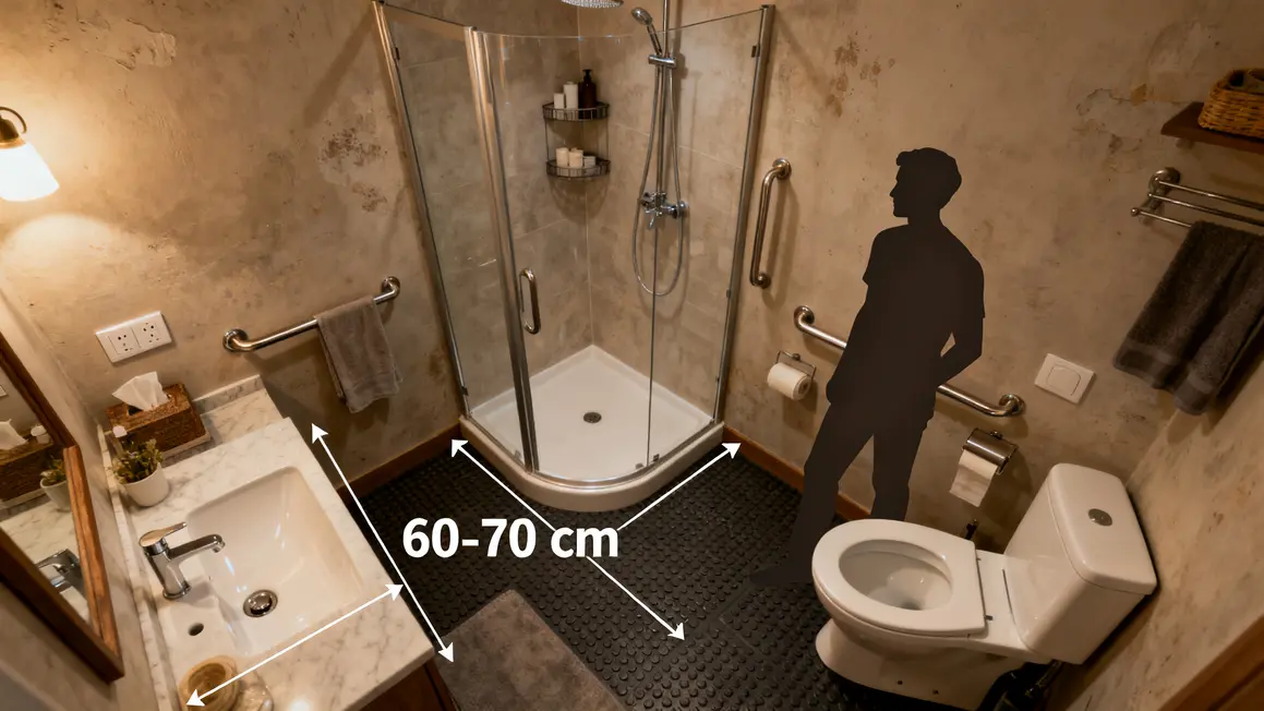 Plan salle de bains adaptée avec mesures et équipements ergonomiques