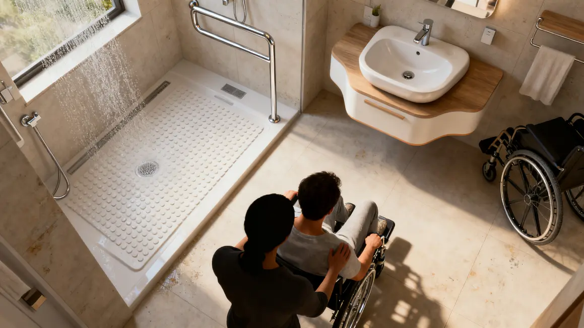 Salle de bains PMR avec douche italienne et lavabo accessible