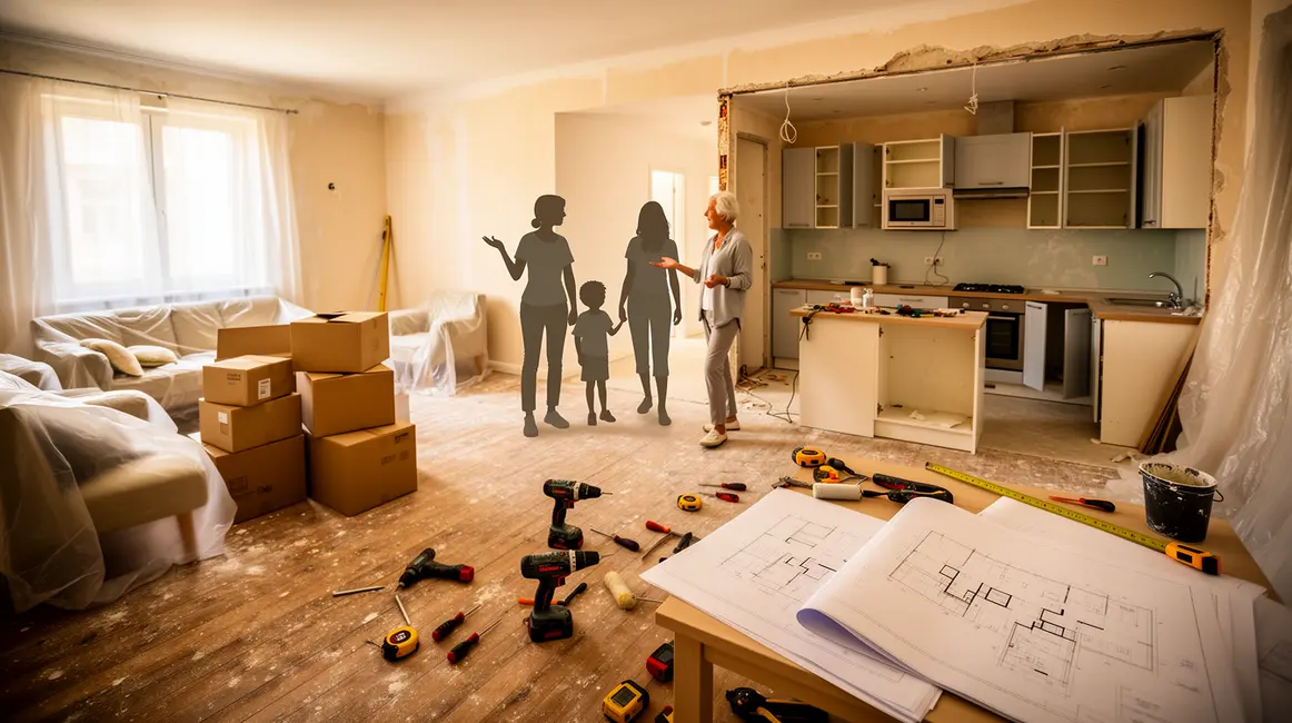 Intérieur en rénovation avec famille et senior organisant l’espace