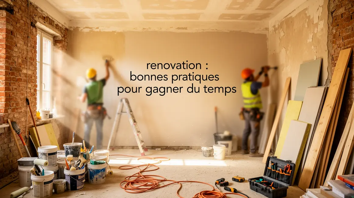 Chantier rénovation maison, artisans et outils, texte gagner du temps