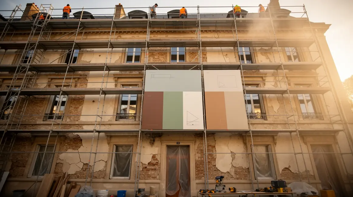 façade immeuble en rénovation copropriété, échafaudage et ouvriers