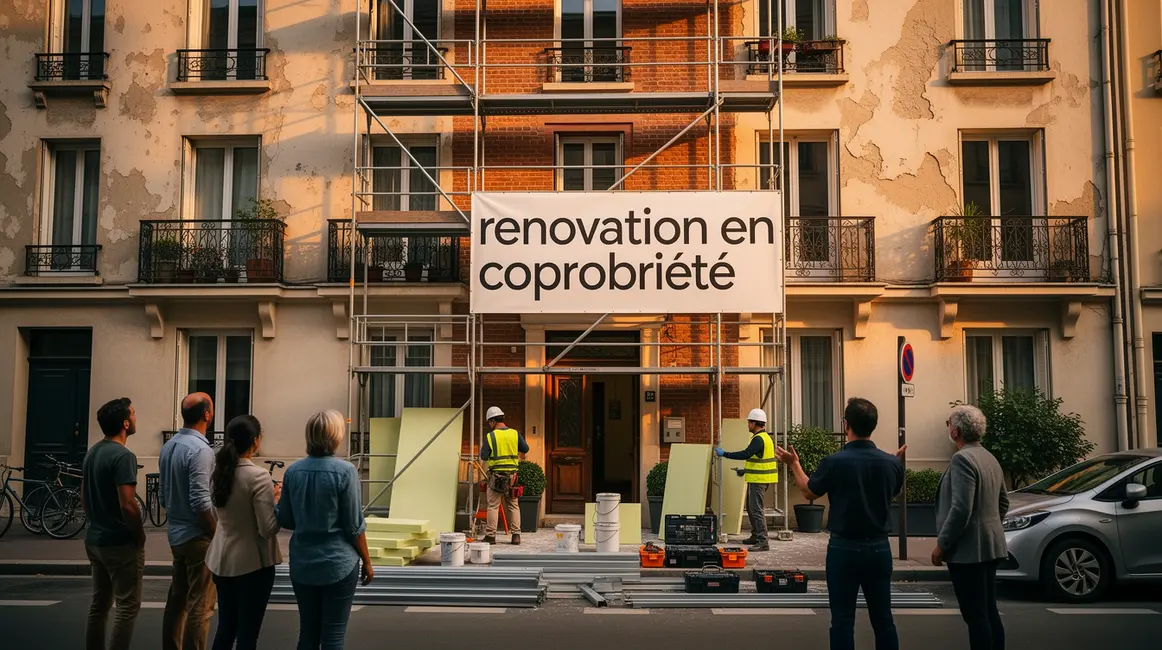 Copropriete en renovation facade urbaine personnages materiaux