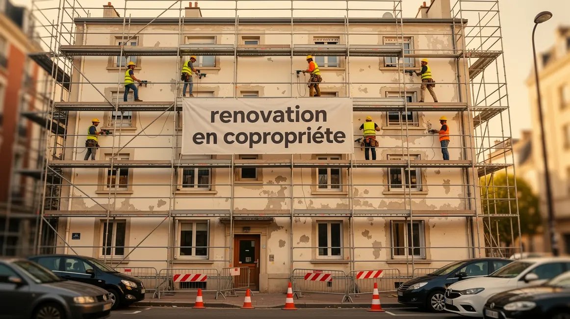 Façade immeuble en rénovation copropriété avec ouvriers échafaudage