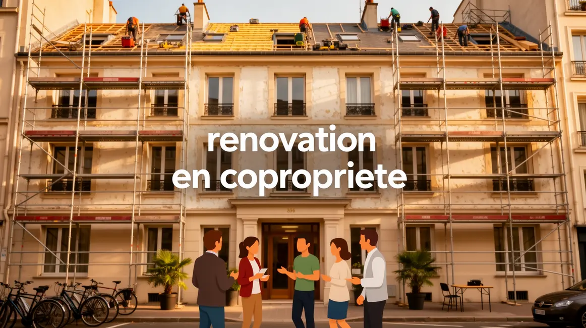Immeuble collectif rénové copropriétaires discutant façade toiture