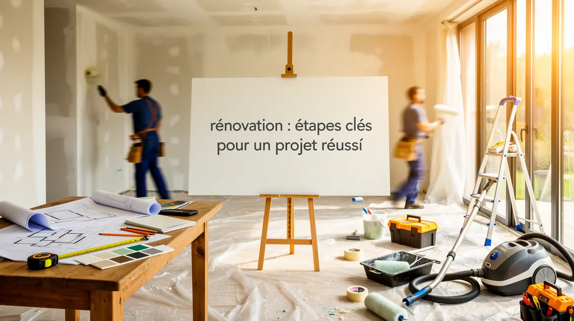 Salon en rénovation moderne et lumineux avec artisans et outils