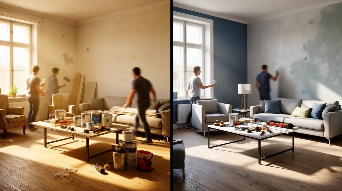 Salon rénové, murs et mobilier modernisés