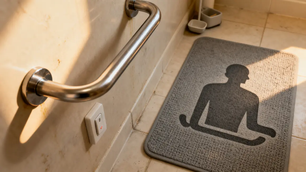 Salle de bain avec barre d’appui, tapis antidérapant, adaptation logement