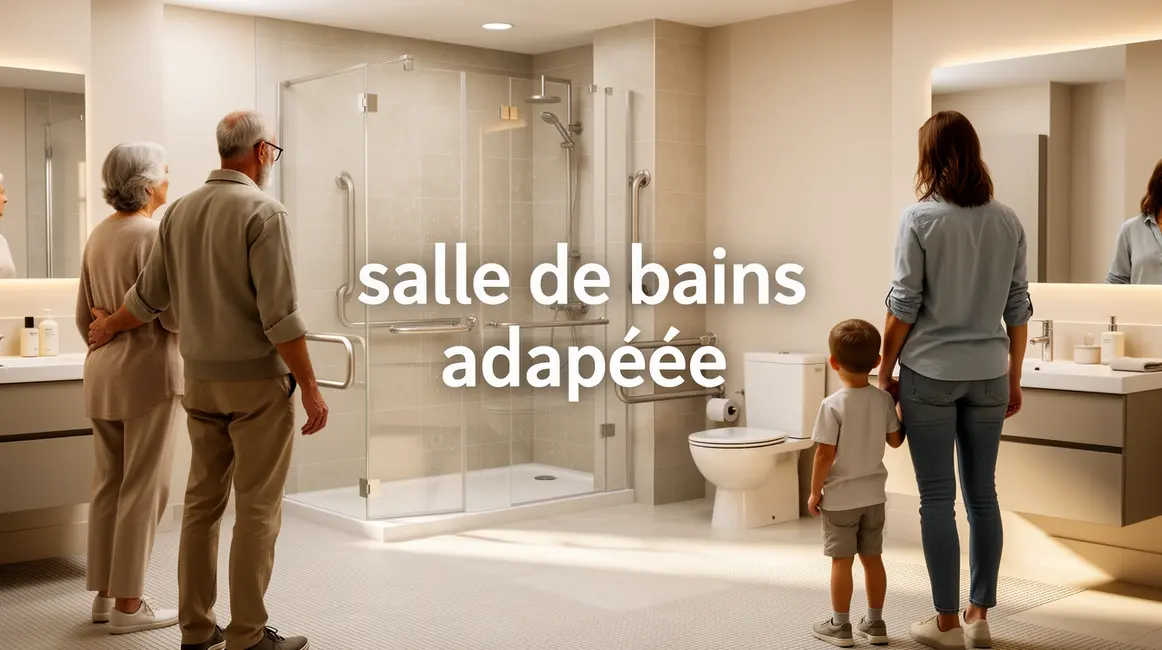 Salle de bains adaptée accessible avec douche plain-pied barres appui meubles suspendus sols antidérapants