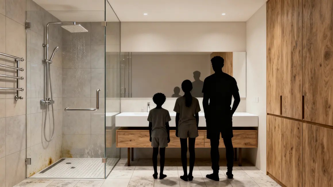 Salle de bains claire, douche extra-plate, mobilier accessible