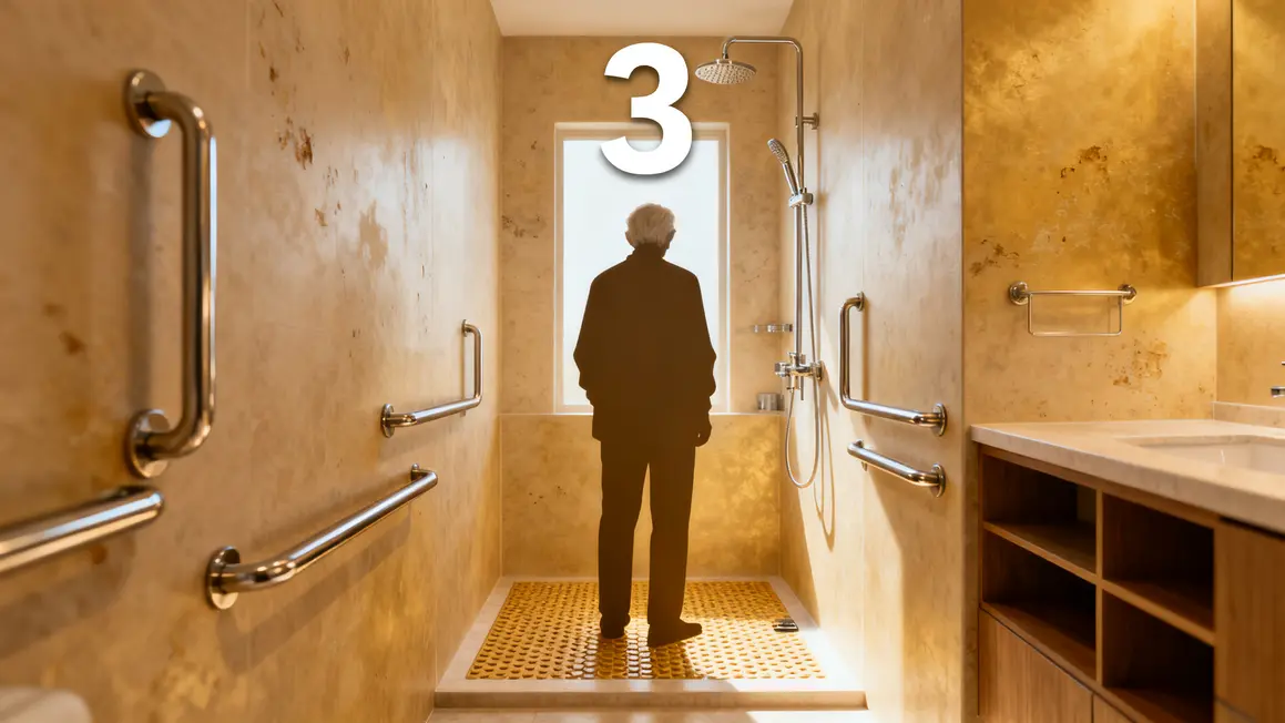 Salle de bains adaptée douche italienne barres appui sol antidérapant senior