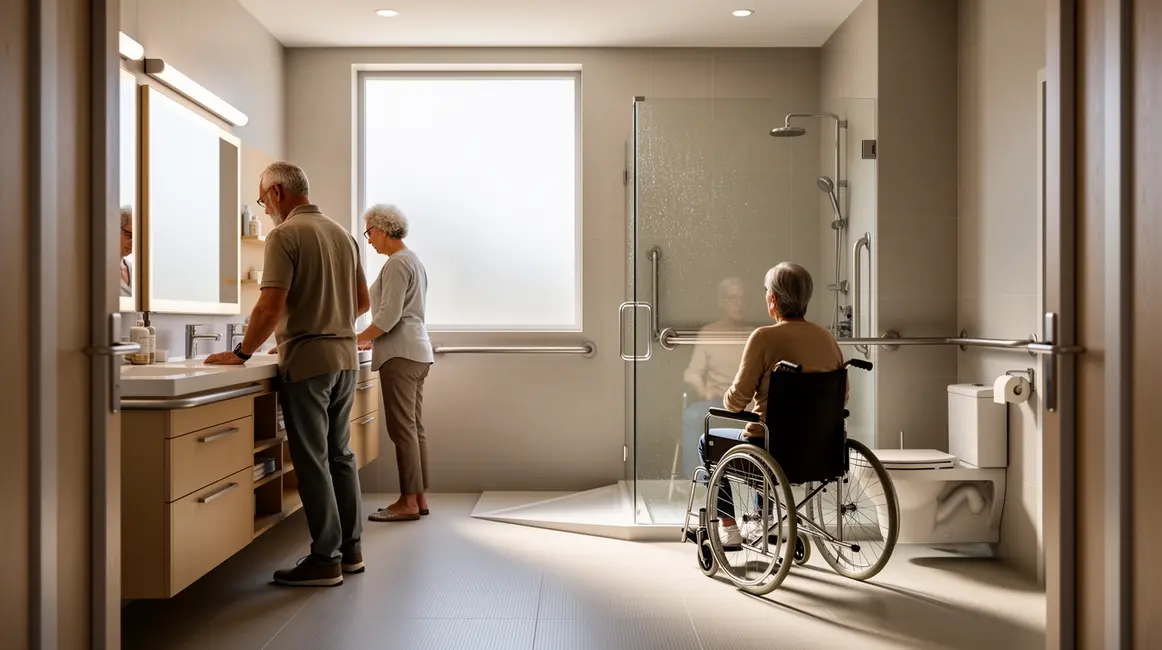 Salle de bains adaptée moderne avec douche italienne et équipements accessibles
