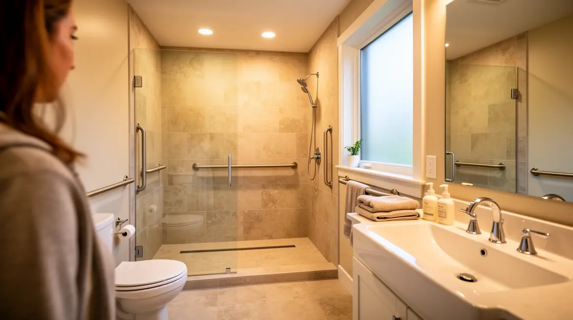 Salle de bains adaptée sécurisée avec douche italienne et barres d'appui