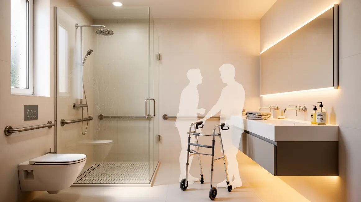 Salle de bains adaptée 2026 avec douche plain-pied, barres d'appui et mobilier suspendu