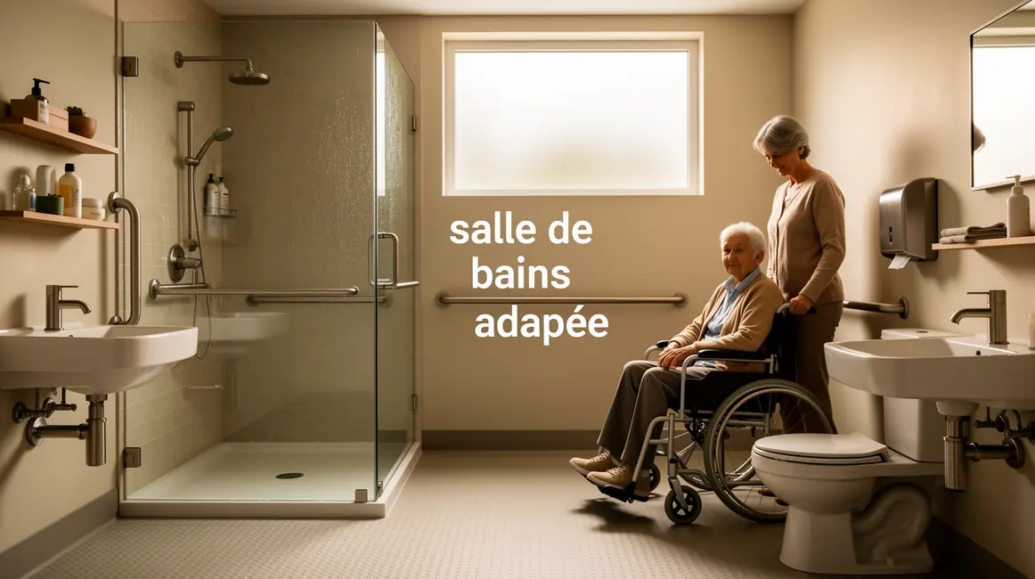 Salle de bains adaptée accessible avec douche, barres d’appui et sol antidérapant