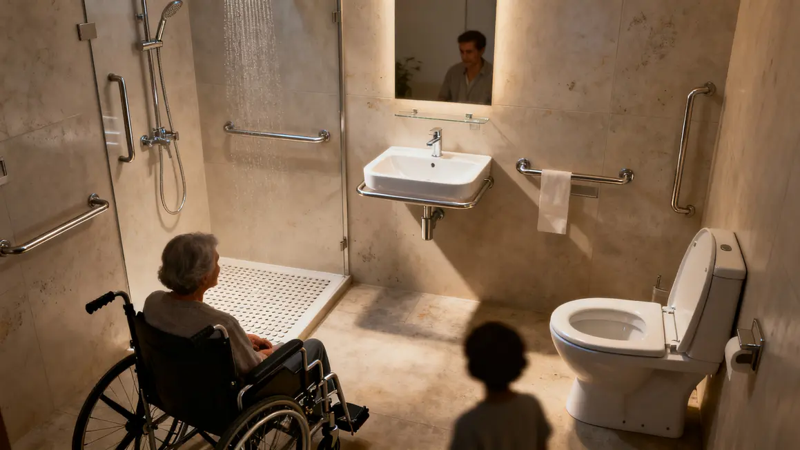 Salle de bains adaptée avec fauteuil roulant, douche italienne et équipements ergonomiques
