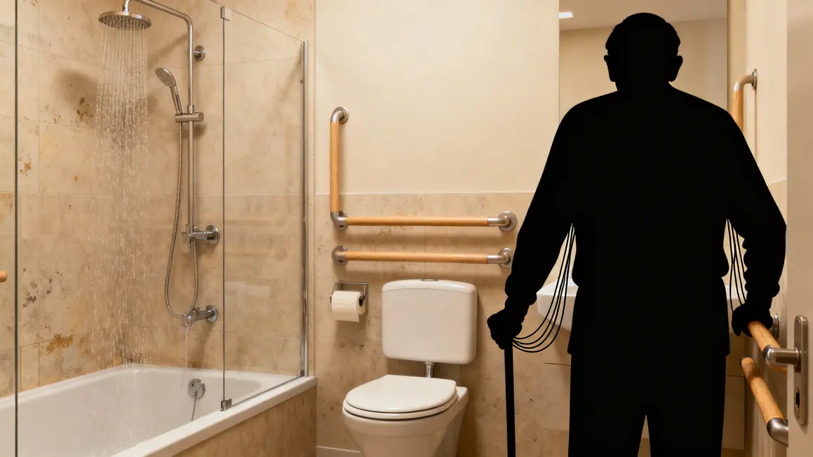 salle de bains adaptée avec douche à l'italienne et barres d'appui
