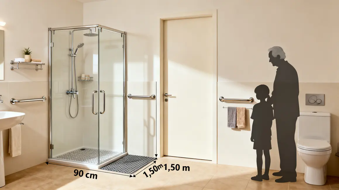 Salle de bains adaptée douche plain-pied, porte 90 cm, barres d'appui, sol antidérapant