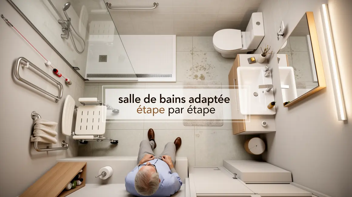 Salle de bains PMR vue dessus : douche italienne, sol antidérapant, barre d'appui