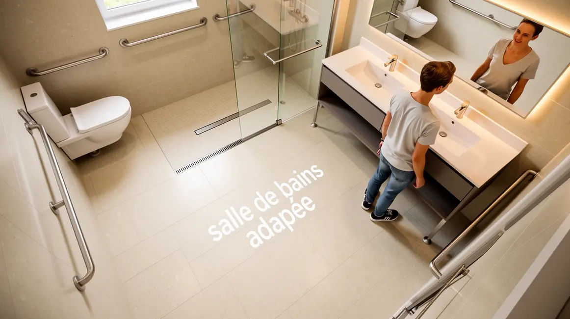 Salle de bains adaptée accessible avec sol antidérapant et barres d'appui