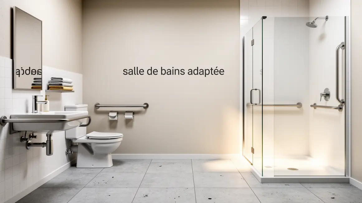 Salle de bains adaptée fonctionnelle, barre d'appui, douche sans marche