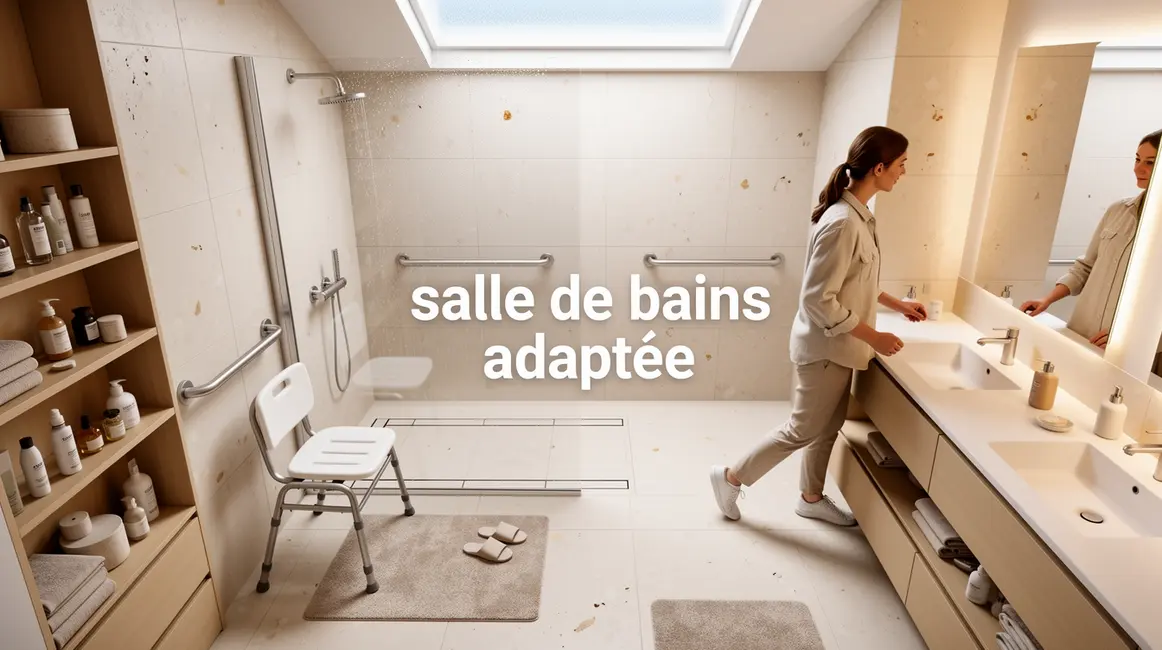 Salle de bains adaptée moderne avec douche italienne, barres d’appui et rangements accessibles