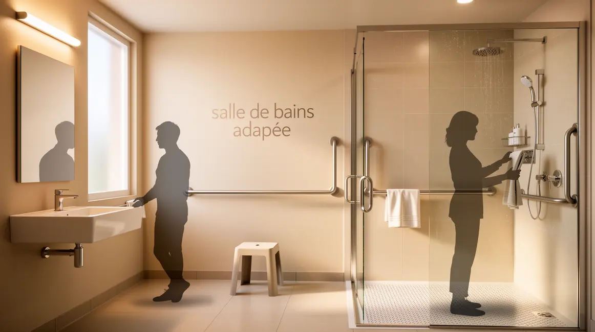salle de bains adaptée moderne avec douche à l'italienne et barres d'appui