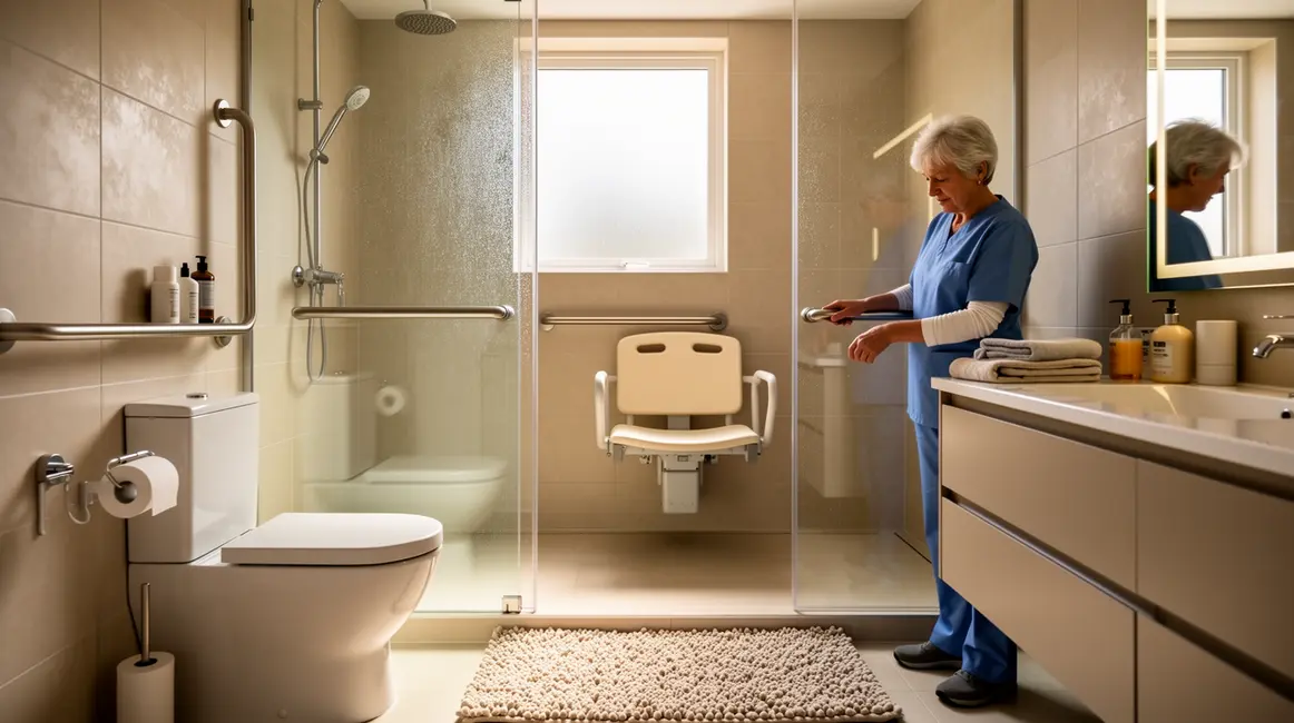 Salle de bains accessible moderne avec barres d'appui et siège de douche