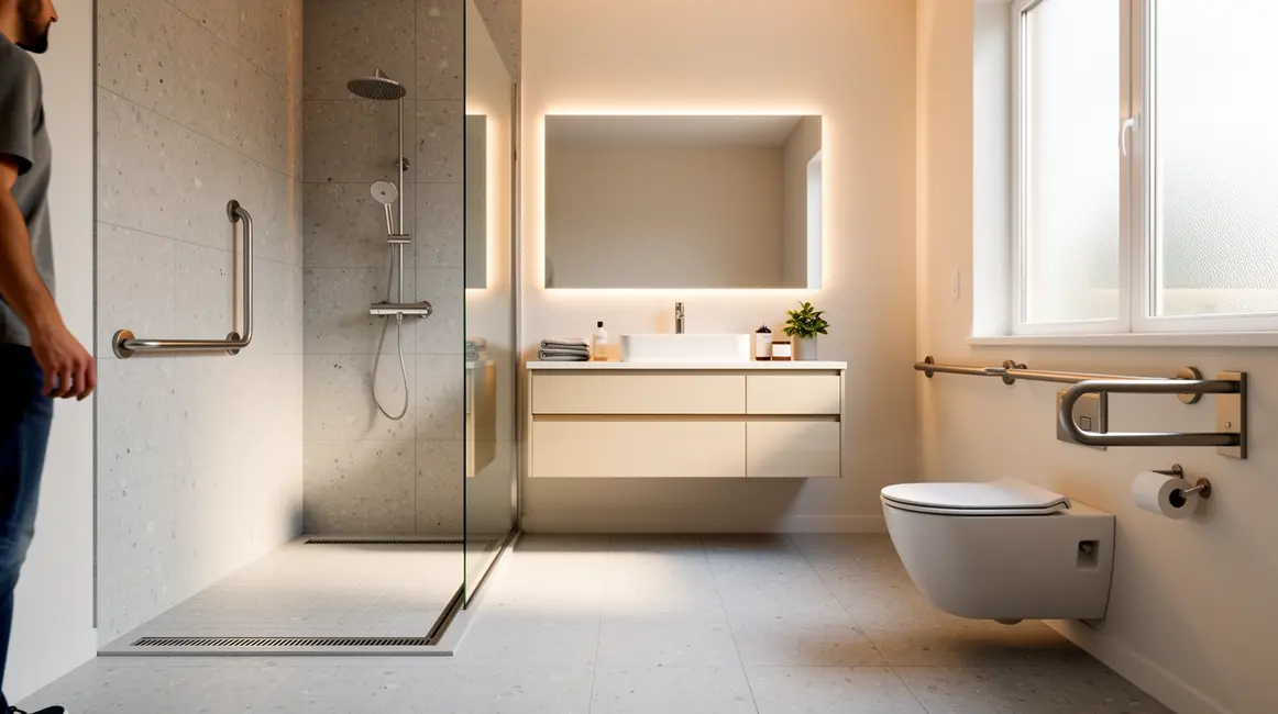 Salle de bains adaptée avec douche sans ressaut, barres d'appui et meubles suspendus