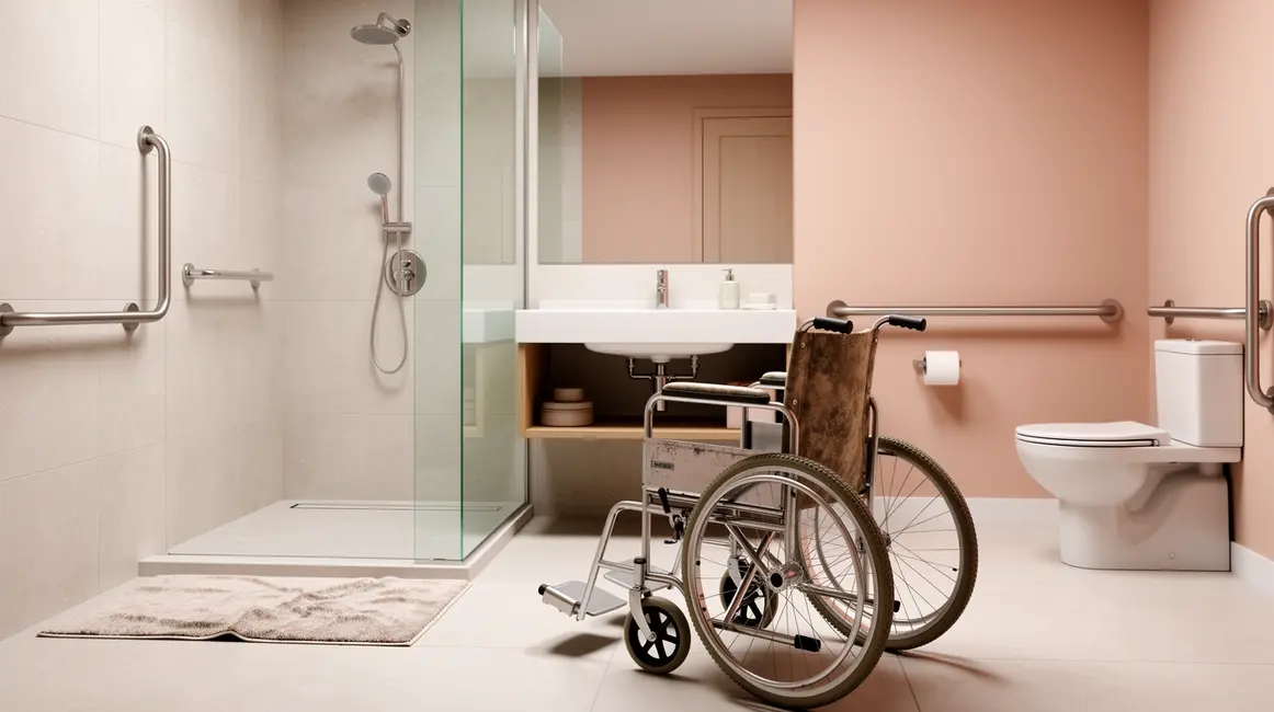 Salle de bains adaptée avec douche de plain-pied, barres d'appui, lavabo suspendu, fauteuil roulant