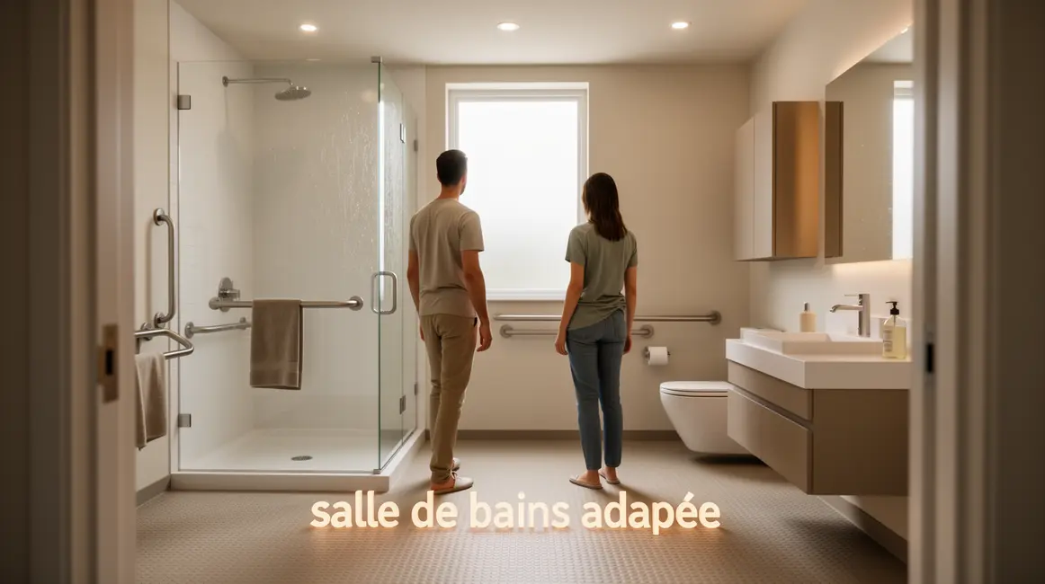 Salle de bains adaptée moderne avec sol antidérapant et barres d'appui