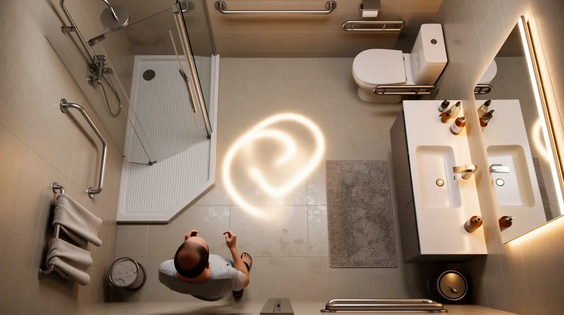 Salle de bains adaptée vue d'ensemble avec douche de plain-pied et sécurité