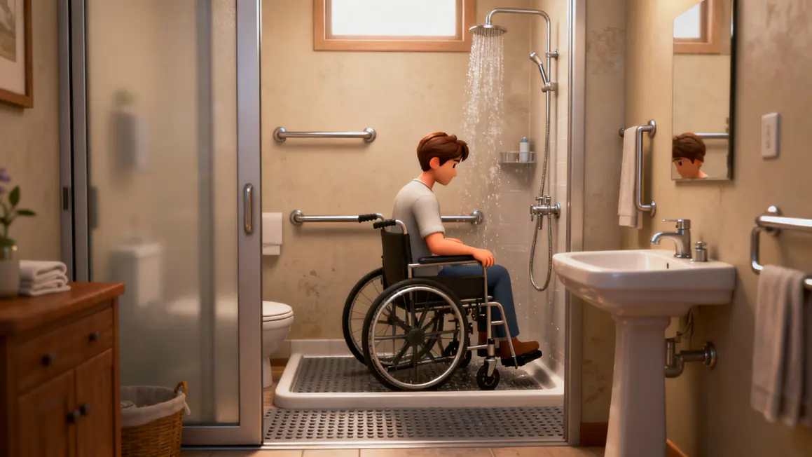 Salle de bains adaptée accessible, barres d’appui, optimisation espace