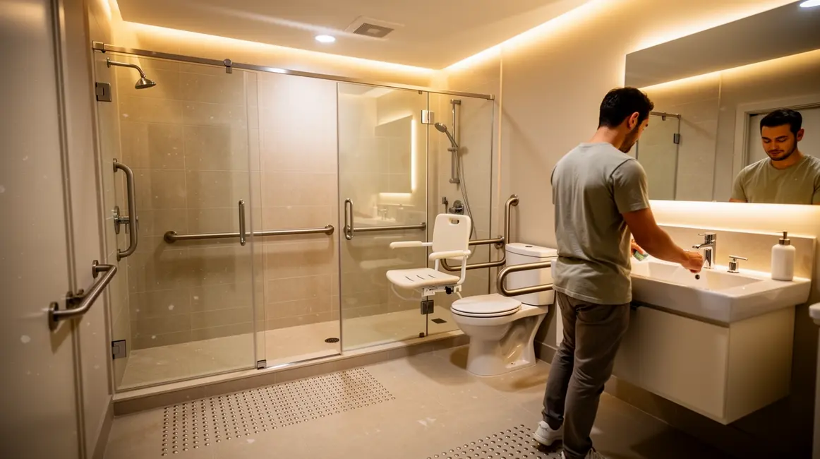 salle de bains accessible avec douche italienne et barres d'appui