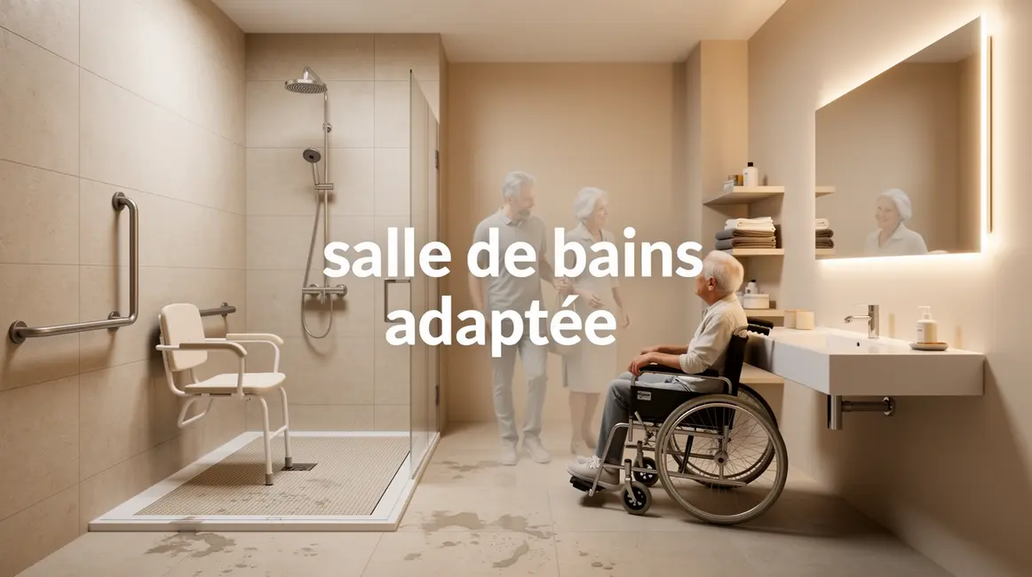 Salle de bains PMR avec douche plain-pied, barres d’appui, surfaces antidérapantes