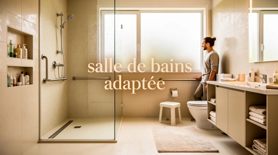 Salle de bains adaptée avec barres, douche italienne et rangements accessibles