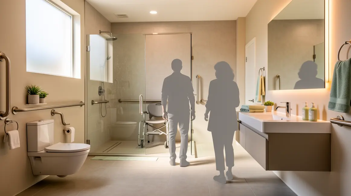 Salle de bains adaptée avec douche de plain-pied et barres d'appui