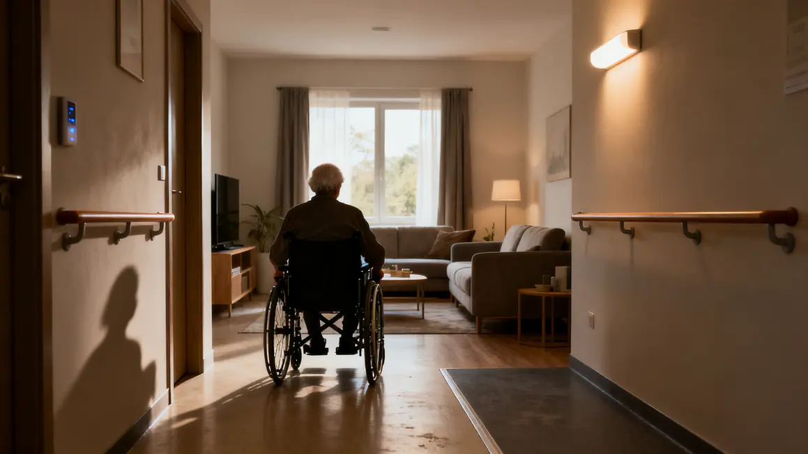 Salon accessible avec barres d'appui et éclairage automatique